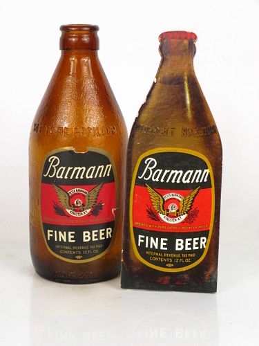 1940 Barmann Fine Beer Easel Back Sign and 12oz Stubby bottle Kingston, New York