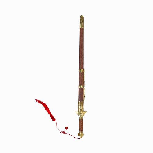 Vtg Signed Chinese Gilt Brass Jichimu Wood Sword