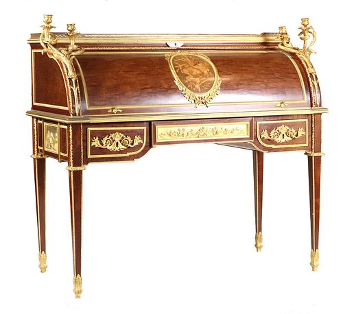 Louis XVI Style Parquetry Inlaid Cylinder Desk