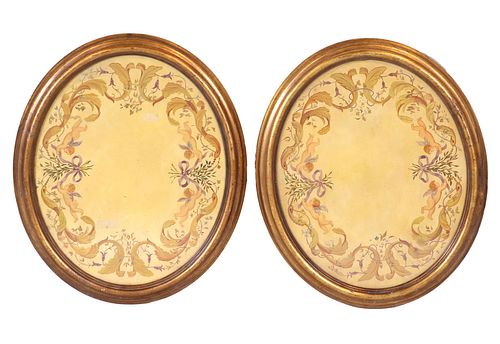Pair of Painted Panels in Oval Gilt Frames