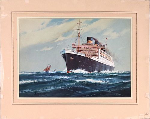 Wilfred Knox, Gouache, The Queen Mary at Sea
