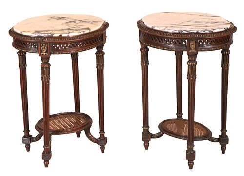 Pair of Louis XVI Style Marble Top Walnut Tables