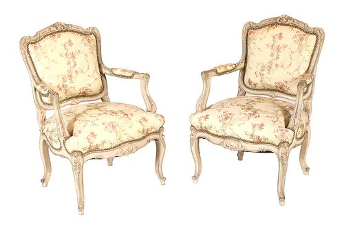 Pair of Louis XV Style White-Painted Fauteuil