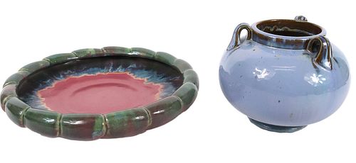 Fulper Glazed Pottery Shallow Bowl and Vase