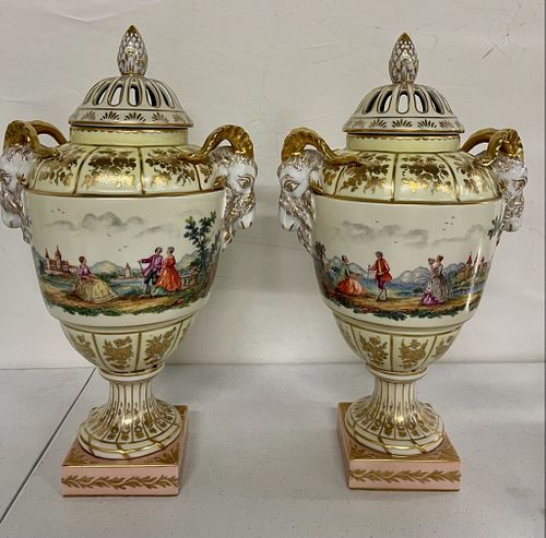 Pair of French Lidded Urns w Rams Heads.