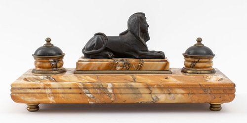 Egyptian Revival Bronze & Marble Inkwell Desk Set