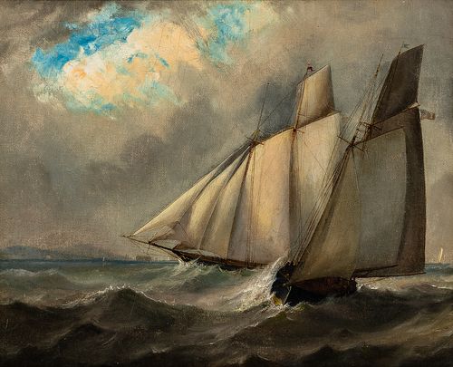American School, 19th Century, Two Vessels Sailing Before a Storm