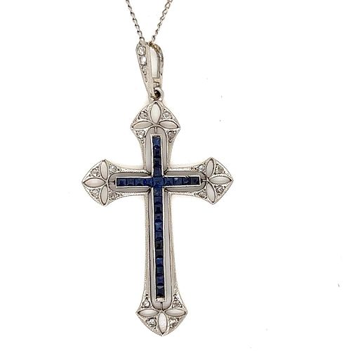 Art Deco Platinum Sapphire Diamond Cross