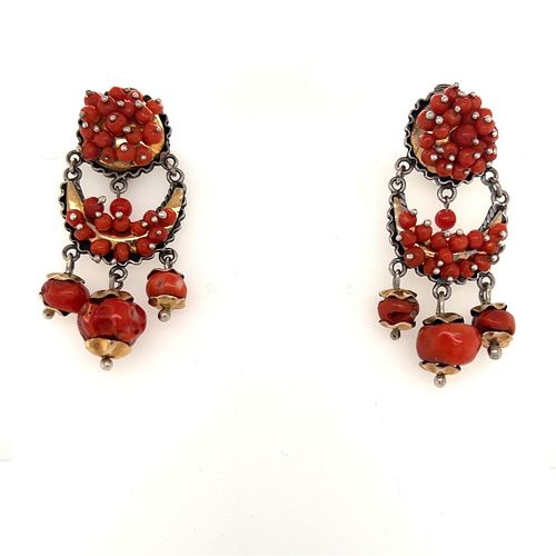 Victorian Silver & 18kÂ  Vivid Red Coral Earrings