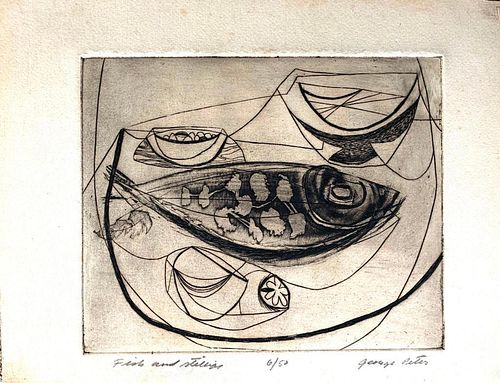 George Peter Etching, Fish and Still Life