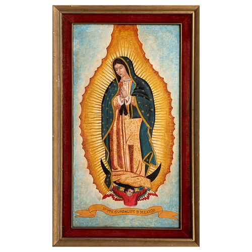 ANÓNIMO. Nuestra Señora de Guadalupe. Óleo sobre tela. 99 x 49 cm. Enmarcado.