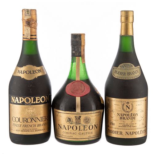 Lote de Brandy y Cognac. Rodiér. Couronnier. Napoléon. En presentaciones de 750 ml. Total de piezas: 3.