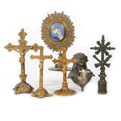 Group of Metal Standing Crucifixes, with Other Metal Religious Objects (6)