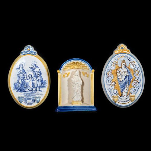 3 Portuguese Ceramic Plaques, incl. Madonna and Child