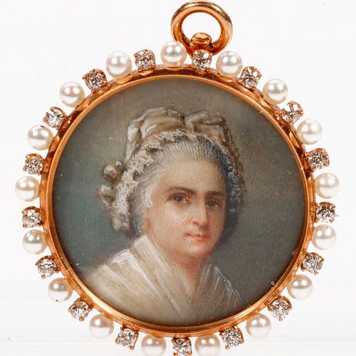 Victorian gem-set & 14k gold painted portrait brooch