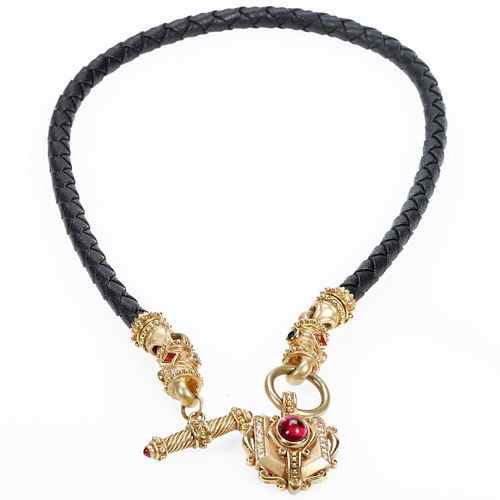 Judith Ripka gem-set, 18k gold and leather necklace