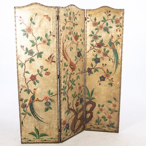 Floral 3 Panel Leather Screen Decorated with Birds