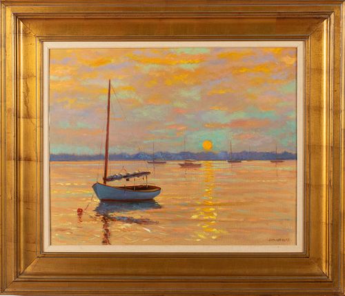 Ed Hatch (VA, 21st C), Boats at Sunset, O/C