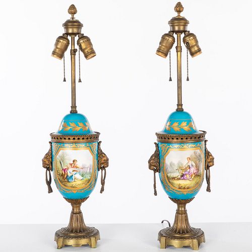 Pair of French Turquoise Urn-Form Lamps