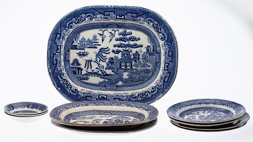 10 English Blue and White Willowware Ceramics