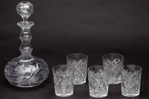 Cut Glass Decanter and 5 Hawkes Glasses
