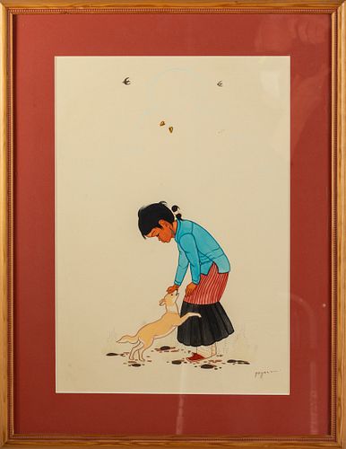 Beatien Yazz (AZ, 1928-2012) Child with Dog, Tempera
