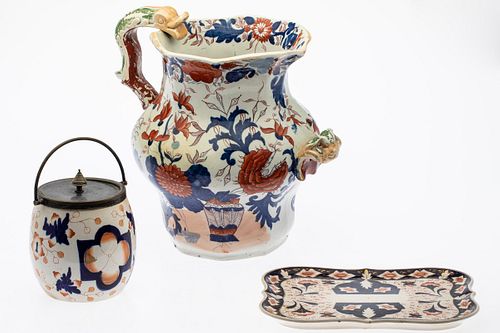 English Porcelain Pitcher, Ice Bucket, and Platter