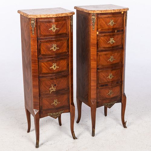 Pr French Marble Top Tall Chests of Drawers, 20th C