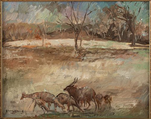 Yang Yang (b. 1953), Antelope in a Landscape, O/B