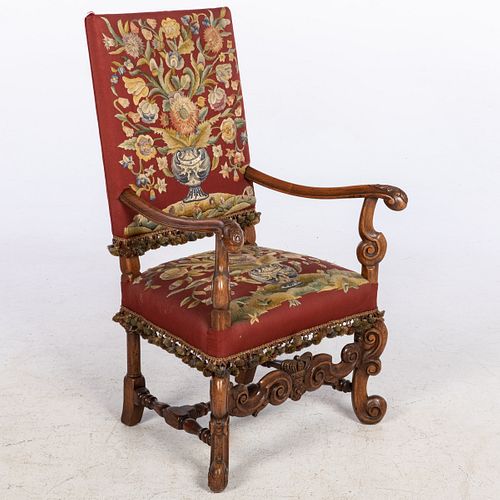 Jacobean Style Crewelwork Upholstered Open Armchair
