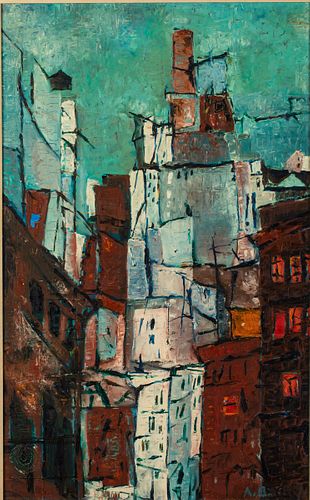 Signed A.D., Abstract of Buildings, Oil on Canvas