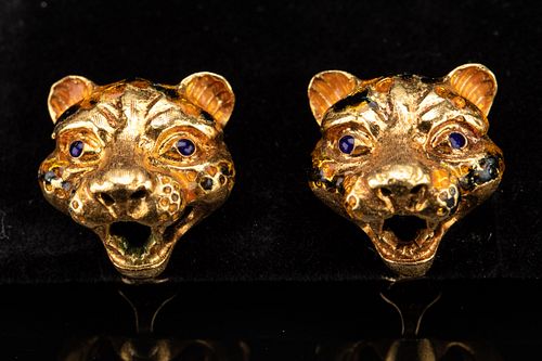Pair of 14K Gold and Enamel Leopard Clip Earrings