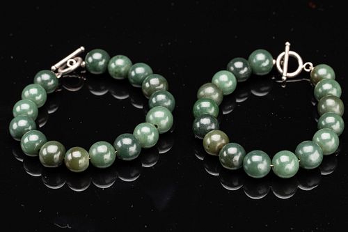 2 Green Jade Bracelets with Sterling Silver Clasp