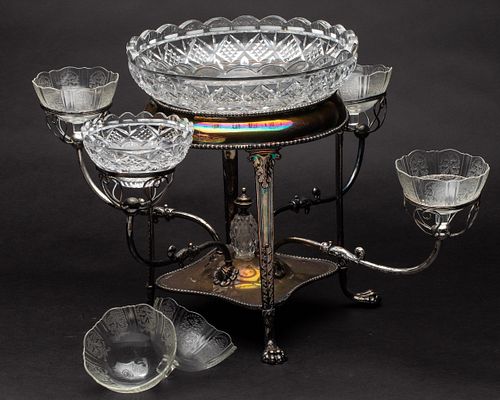 English Silver Plate and Cut Glass Centerpiece