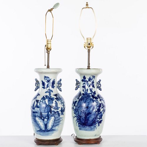 Pair of Chinese Blue & White Vases Mounted as Lamps