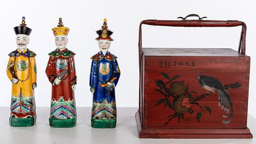 3 Chinese Porcelain Painted Figures & Red Tea Box