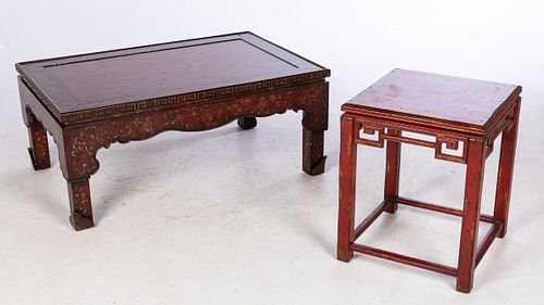 Baker Red Coffee Table and Chinese Style Side Table