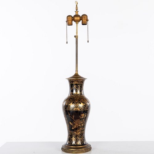 Chinese Black & Gold Decorated Vase Mounted as Lamp