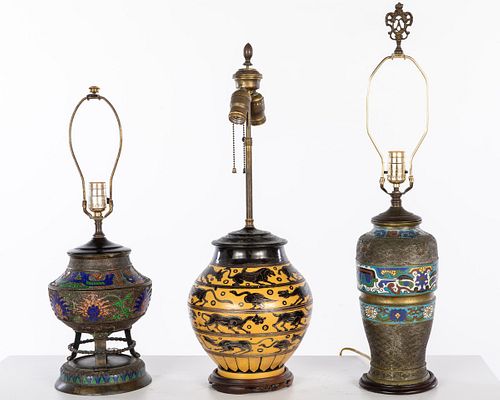 Two Asian Cloisonné Lamps and a Ceramic Lamp