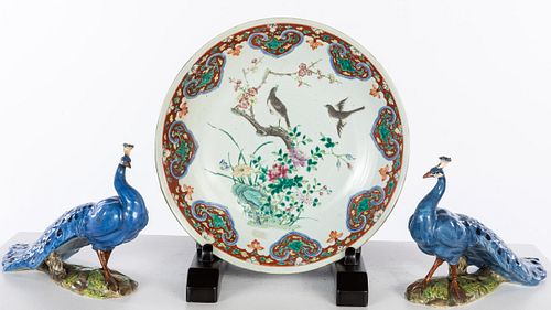 Japanese Porcelain Charger and Pair Italian Peacocks