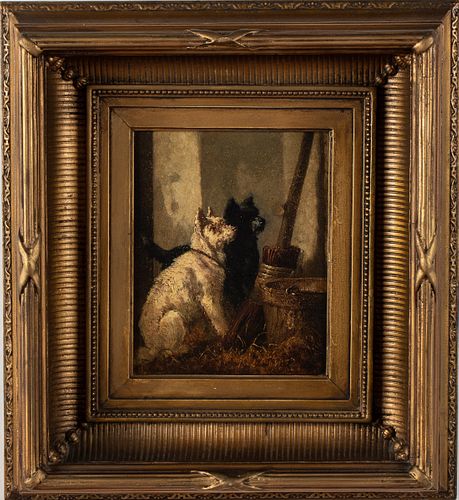 Illegibly Signed, Two Dogs in a Barn, Oil on Board