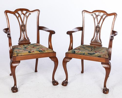 Pair of Chippendale Style Mahogany Open Armchairs