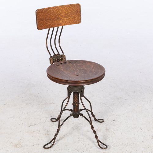 Oak and Metal Adjustable Swiveling Side Chair