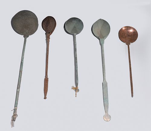 Group of Five Large Antique Indian Metal Ladles