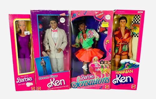 (4) Barbies and Kens all in their original boxes all from the 1980's. (1) Dream Glow AA Ken (1987) wearing a starry vest & corsage glow in the dark. B