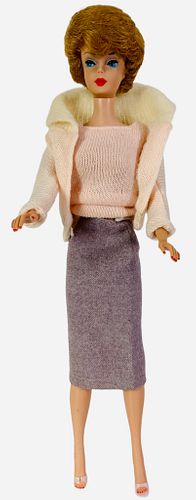 1962 Bubblecut Barbie. Dressed in Pak Separates, no holes in sweater or cardigan and Sweater Girl skirt, left shoe has a split, very slight green dot 