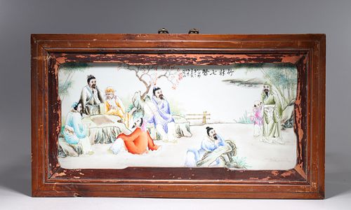 Framed Antique Chinese Famille Rose Enameled Porcelain Plaque Painting