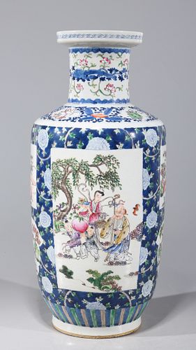 Chinese Famille Rose Blue & White Enameled Porcelain Rouleau Vase