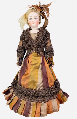 French Fashion type lady likely Gaultier. 12" doll with bisque socket head on shoulderplate marked "0", glued-on human hair wig, stationary glass eyes