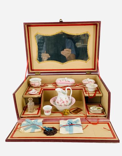 Dolly's "Toilette". Perfect for your French Fashion or Bebe, presentation box opens to reveal 10 piece porcelain toilette set with floral decor and ac